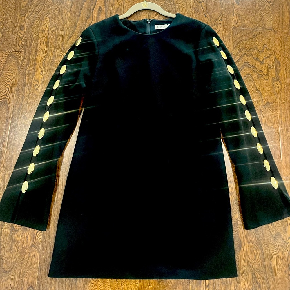 SIMKHAI Joisian black mini dress, gold detail on sleeves.